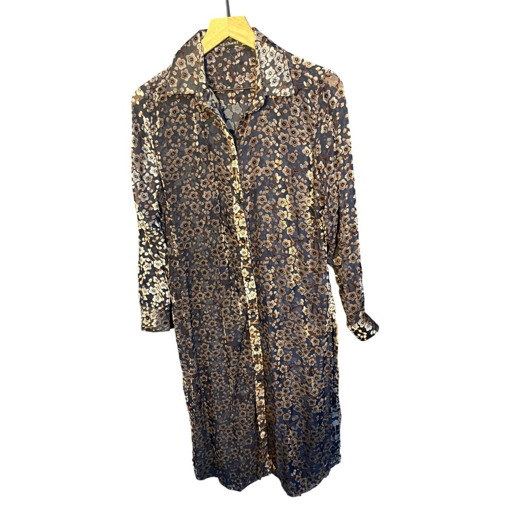 Mechant Sheer Floral Velvet Burnout Duster Shirt Dress Navy Blue Womens Size M